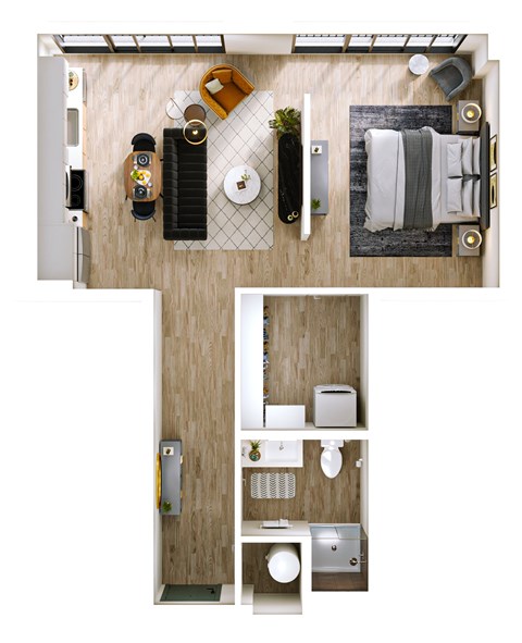 Floor plan for 1 bed, 1 bath, 679 sqft